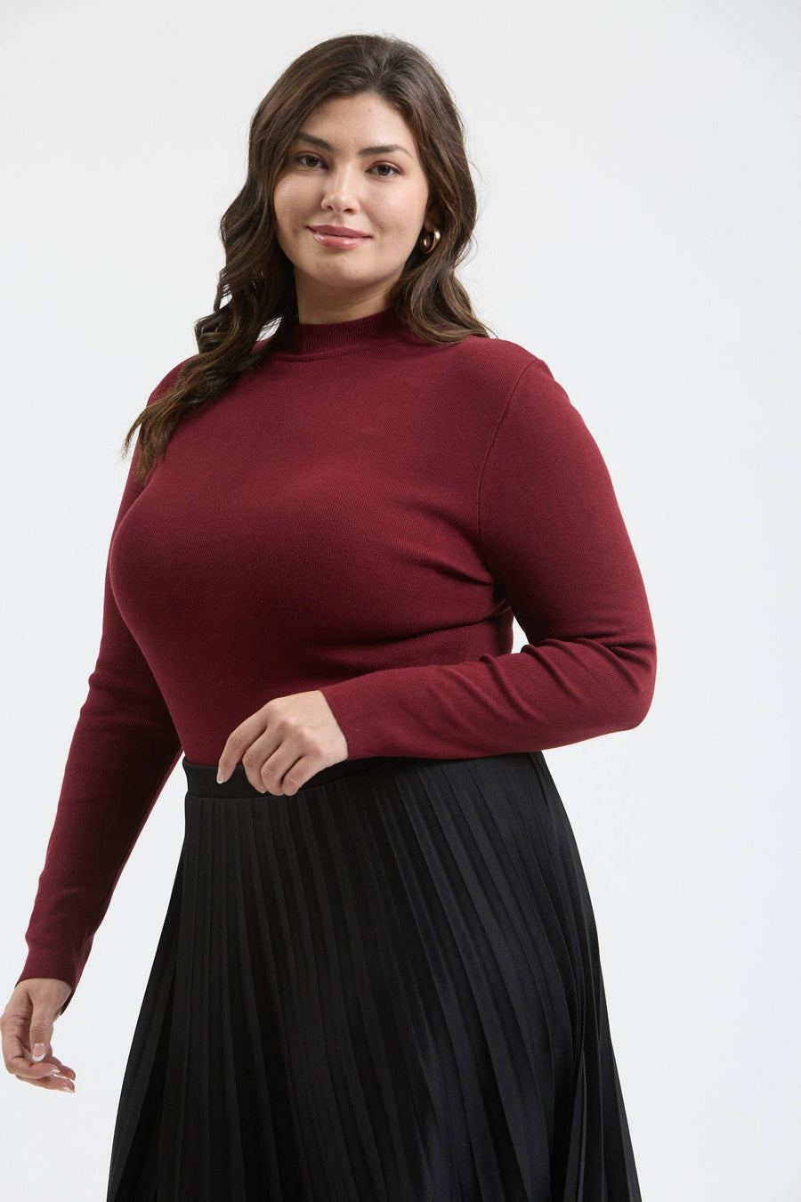 Curvy Mock NECK LONG SLEEVE SWEATER KNIT TOP: BLACK