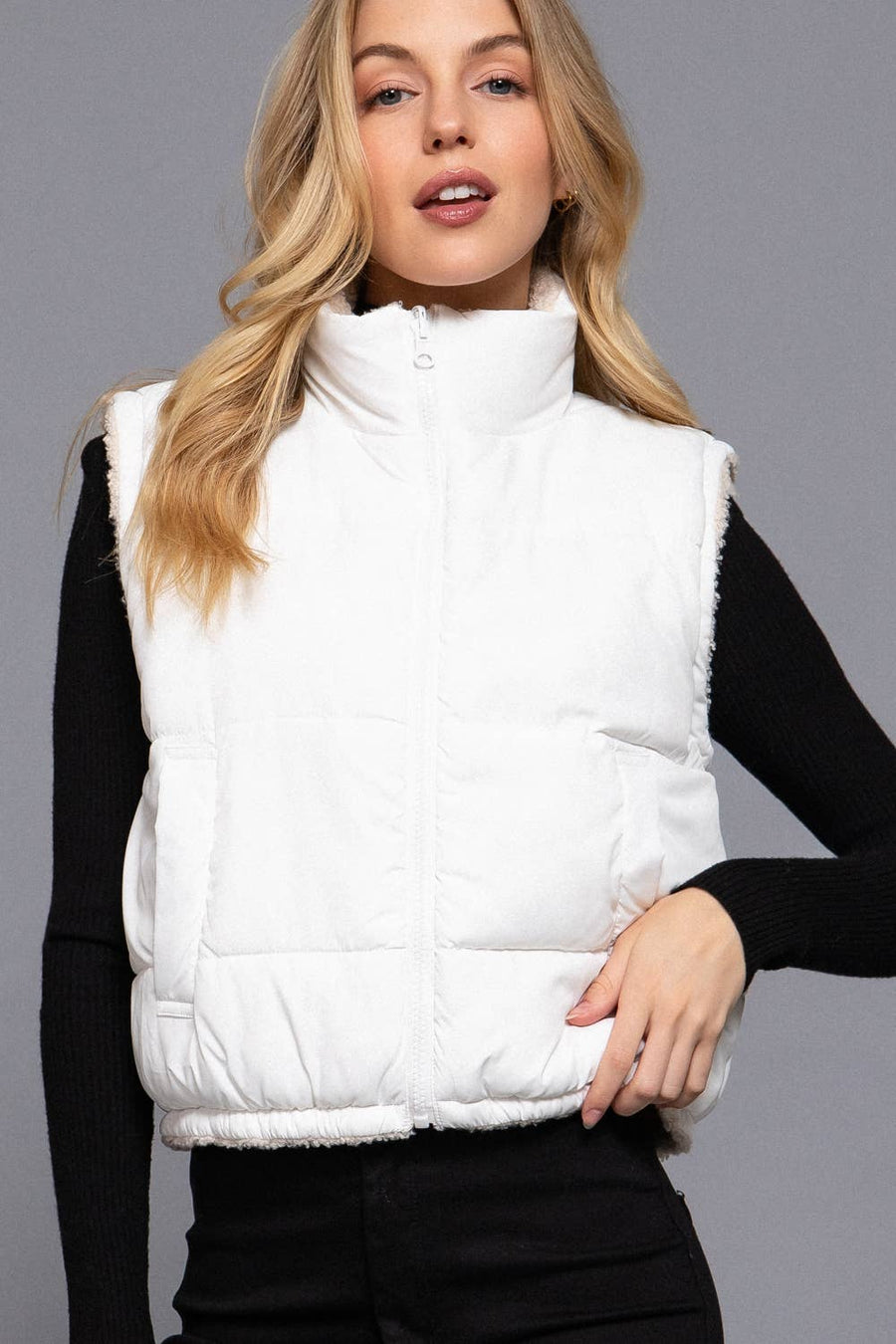 Reversible Fur Padding Vest: BLK-black / M