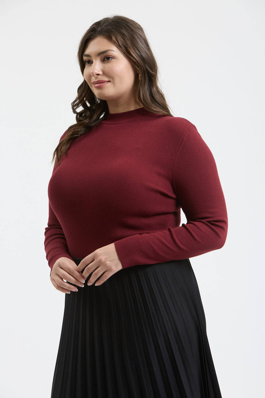 Curvy Mock NECK LONG SLEEVE SWEATER KNIT TOP: BLACK