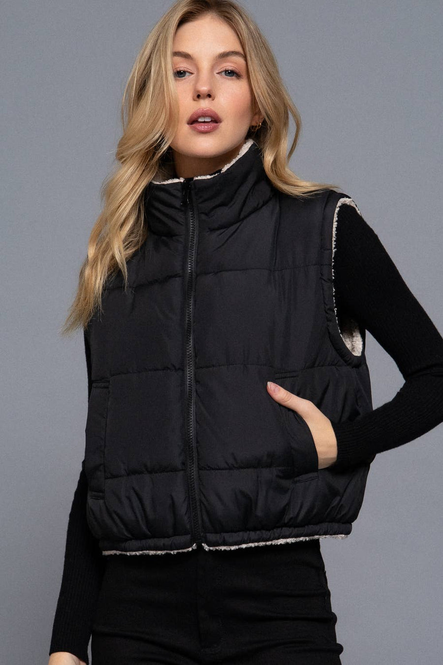 Reversible Fur Padding Vest: BLK-black / L